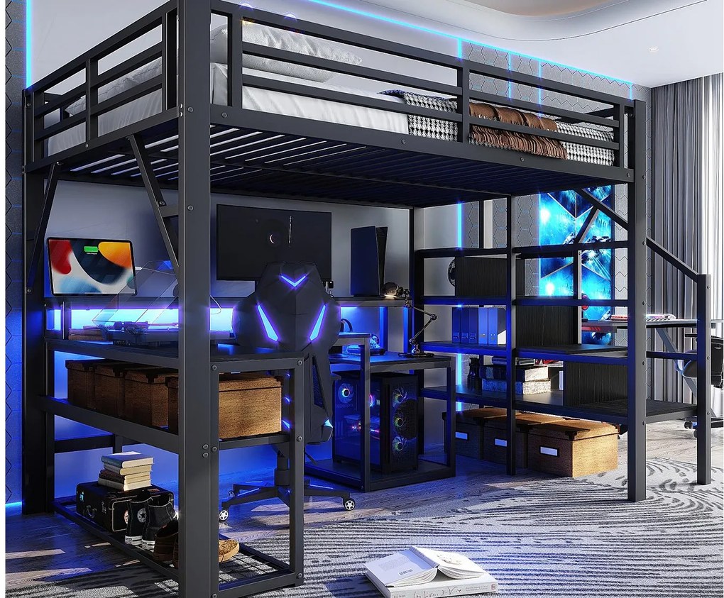 Łóżko na antresoli 140x200 cm - z drabiną bezpieczeństwa - z taśmą LED + biurkiem - z portem USB - czarny​ (materac nie jest wliczony w cenę)