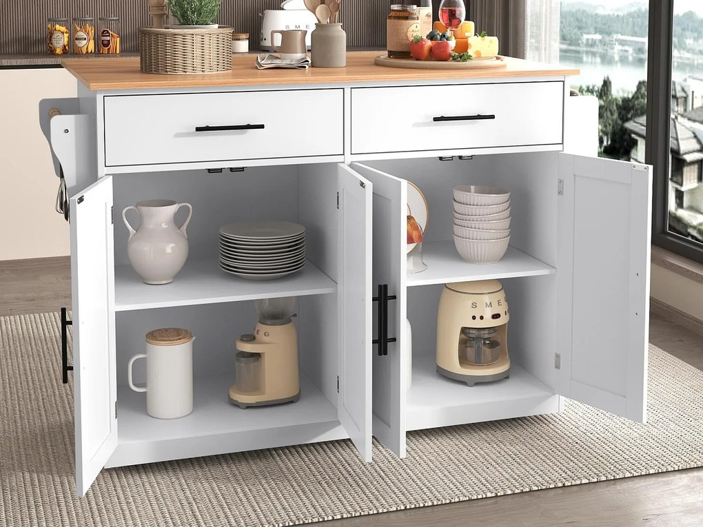 Wyspa kuchenna - 2 szuflady i 4 przegrody - nogi na kółkach lub drewniane - Biała