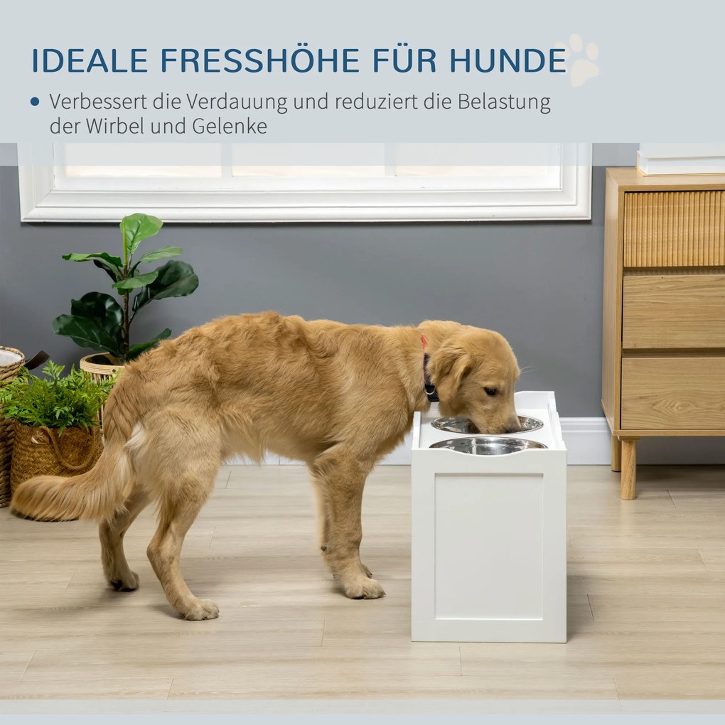 PawHut Stacja Karmienia, Podstawa na Miseczki, 2 Miseczki po 2 litry, Stal Nierdzewna, dla dużych psów, biały, 63 x 30 x 38 cm