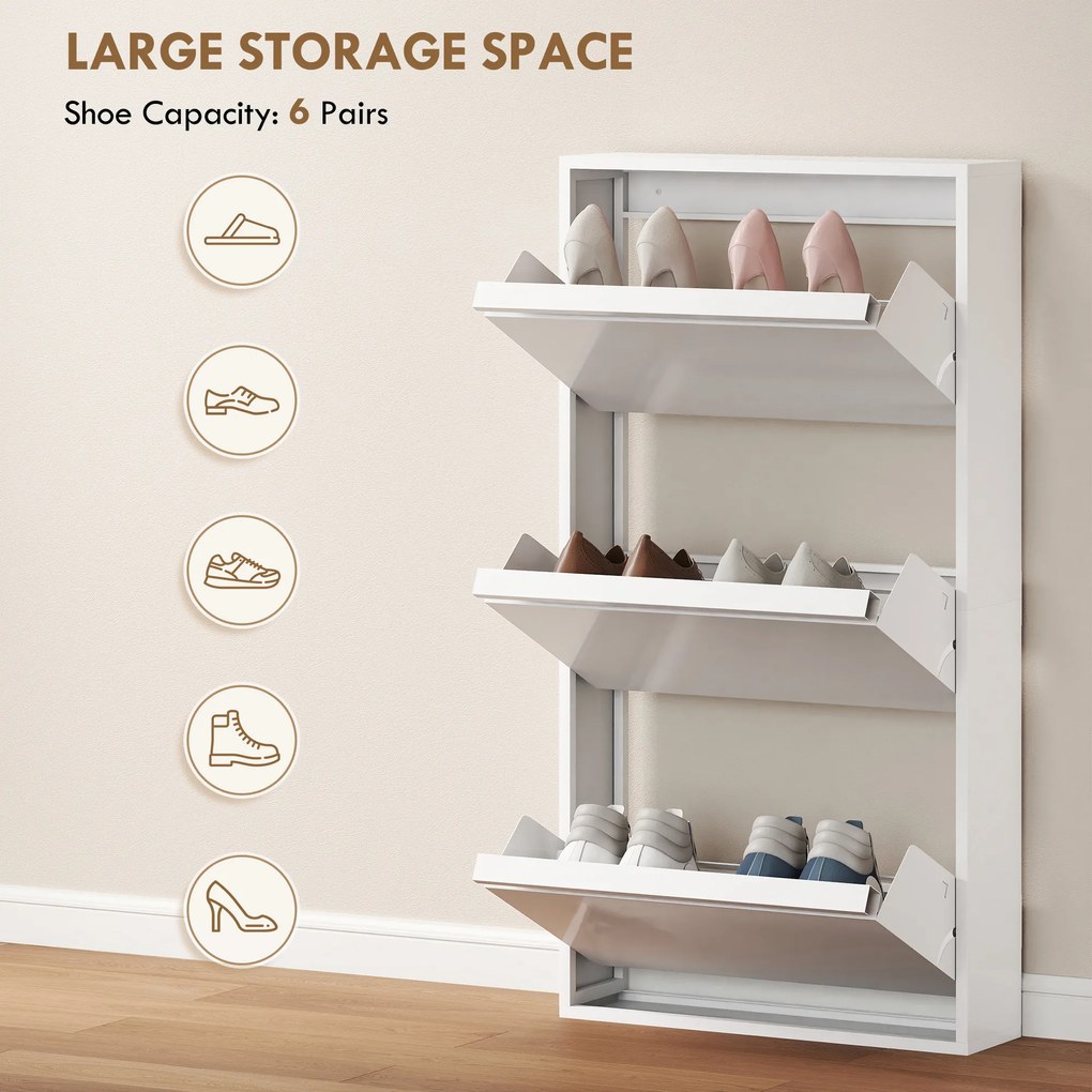 HOMCOM Metalowa szafka na buty z 3 uchylnymi półkami, wąska szafka na buty montowana na ścianie, na 6 par butów, biała | Aosom PL