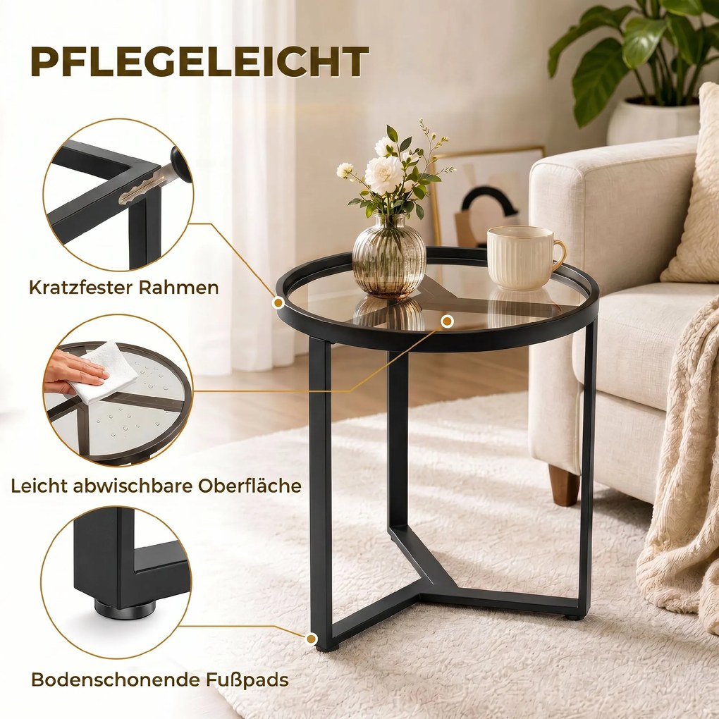 HOMCOM Okrągły stolik boczny z hartowanym blatem szklanym i geometryczną metalową konstrukcją do małych pomieszczeń, czarny | Aosom PL