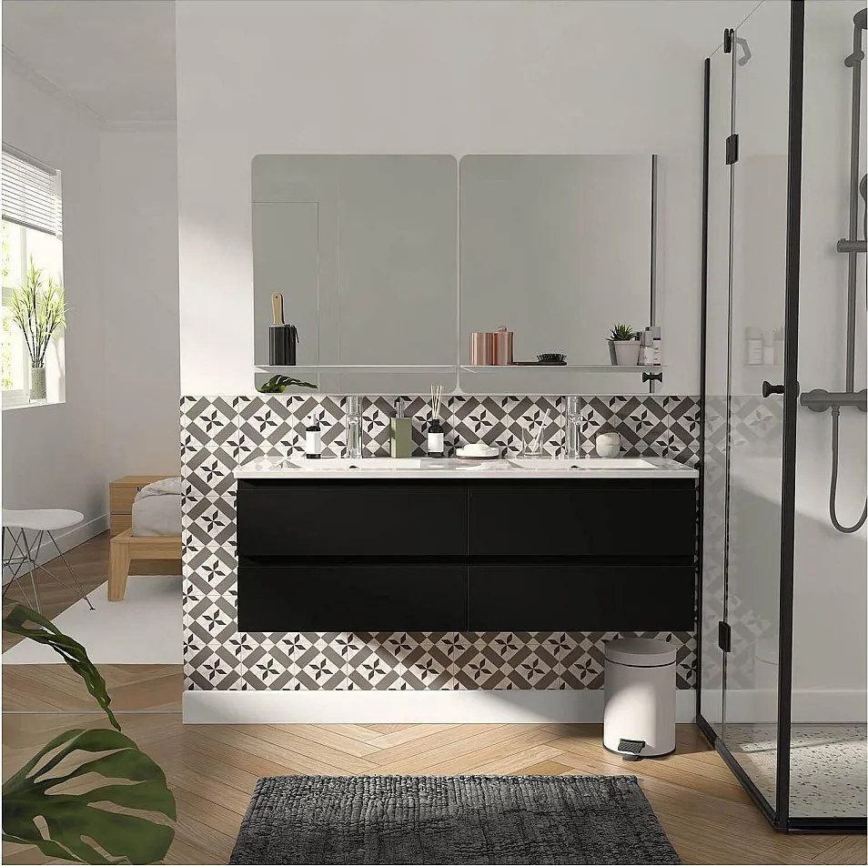 Podwójna szafka pod umywalkę 120 cm z ceramicznym blatem, kranami i lustrami SORRENTO