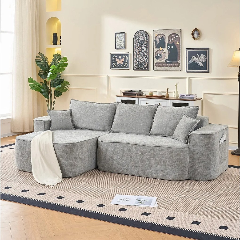 Modułowa kanapa narożna lewa - Chenille Szary - 3 poduszki i 2 podgłówki - 262x144x65cm
