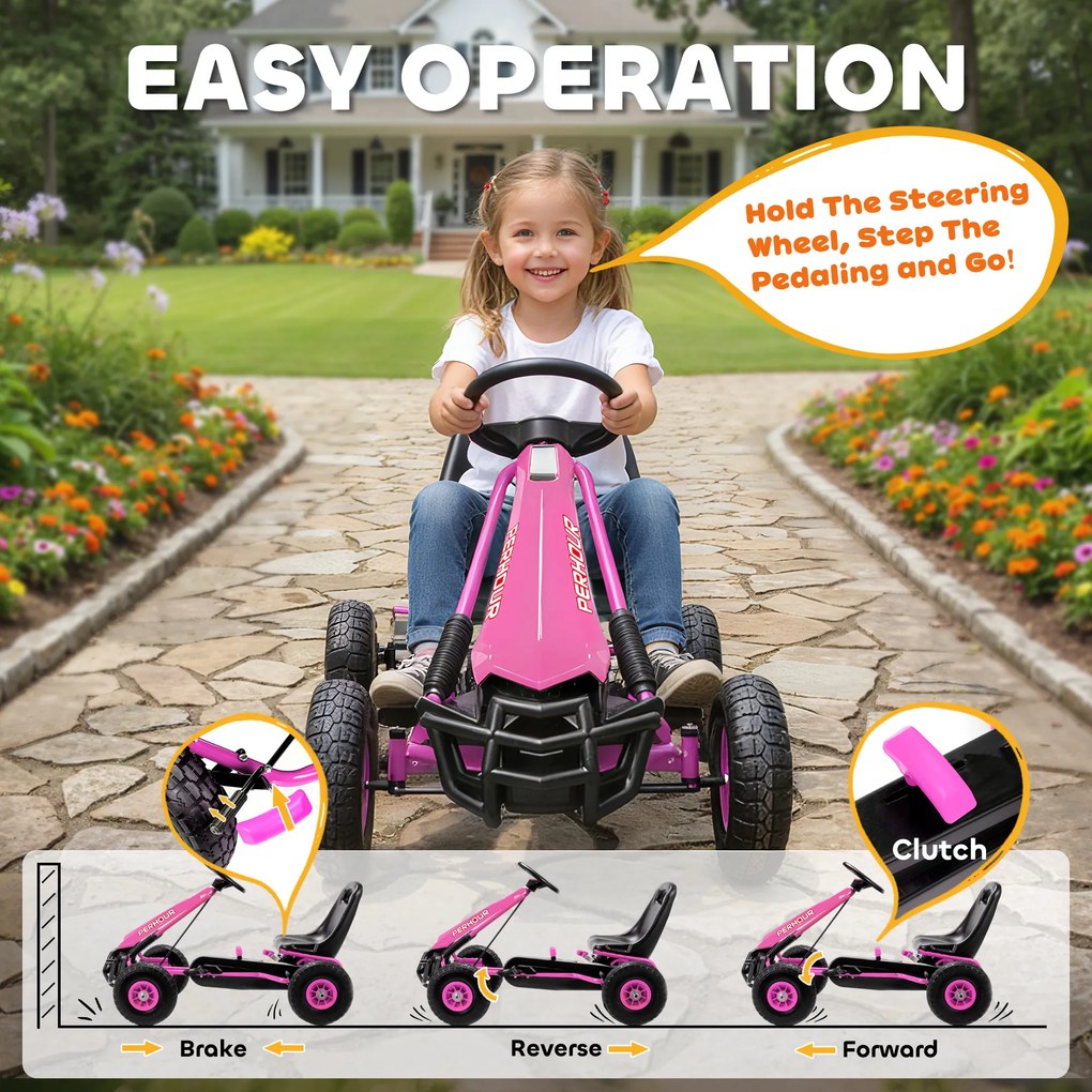 AIYAPLAY Gokart na pedały dla dzieci, regulowane siedzisko, opony EVA, hamulec, sprzęgło, 3-8 lat, różowy
