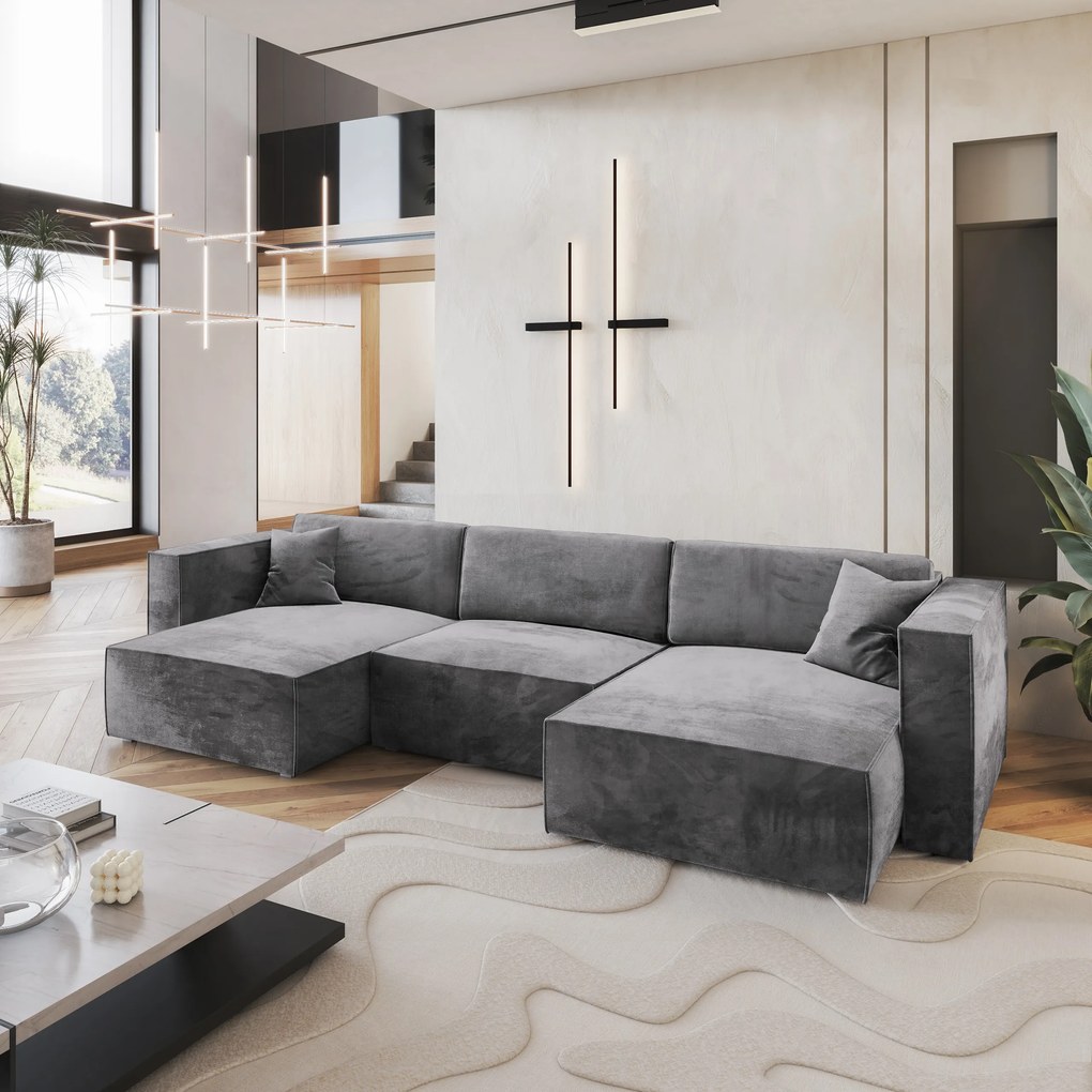 Masseno Narożnik SARMO z funkcją spania i pojemnikiem na pościel Narozniki U, Rozkładana sofa - Szary, MONOLITH 85
