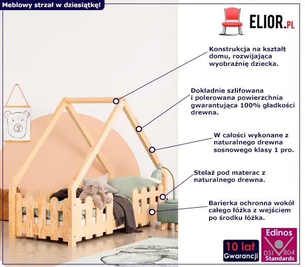 Drewniane łóżko dziecięce domek z płotem Ibefod 9X
