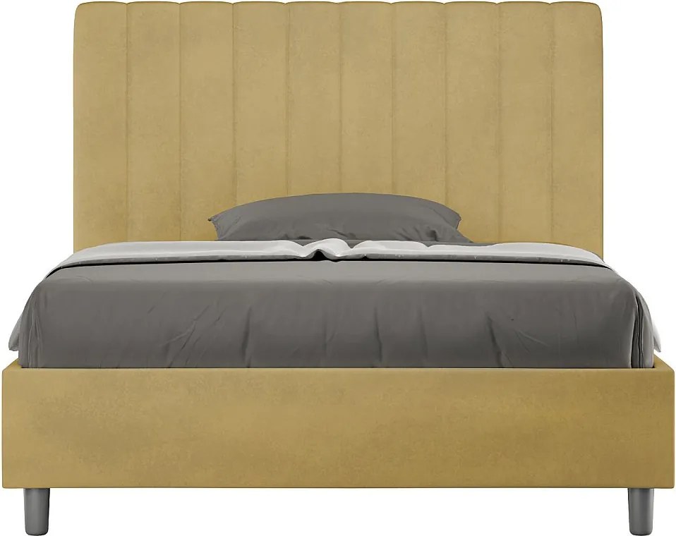 Łóżko wyposażone w stelaż z listwami tapicerowane 120x190 microfibra okra Agueda