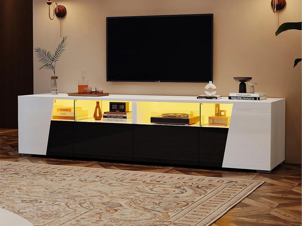 Meble pod TV 180x38,5x45 cm - z oświetleniem LED - 2 szuflady i 2 fronty - Otwarte półki - Błyszczące wykończenie - Biały + czarny