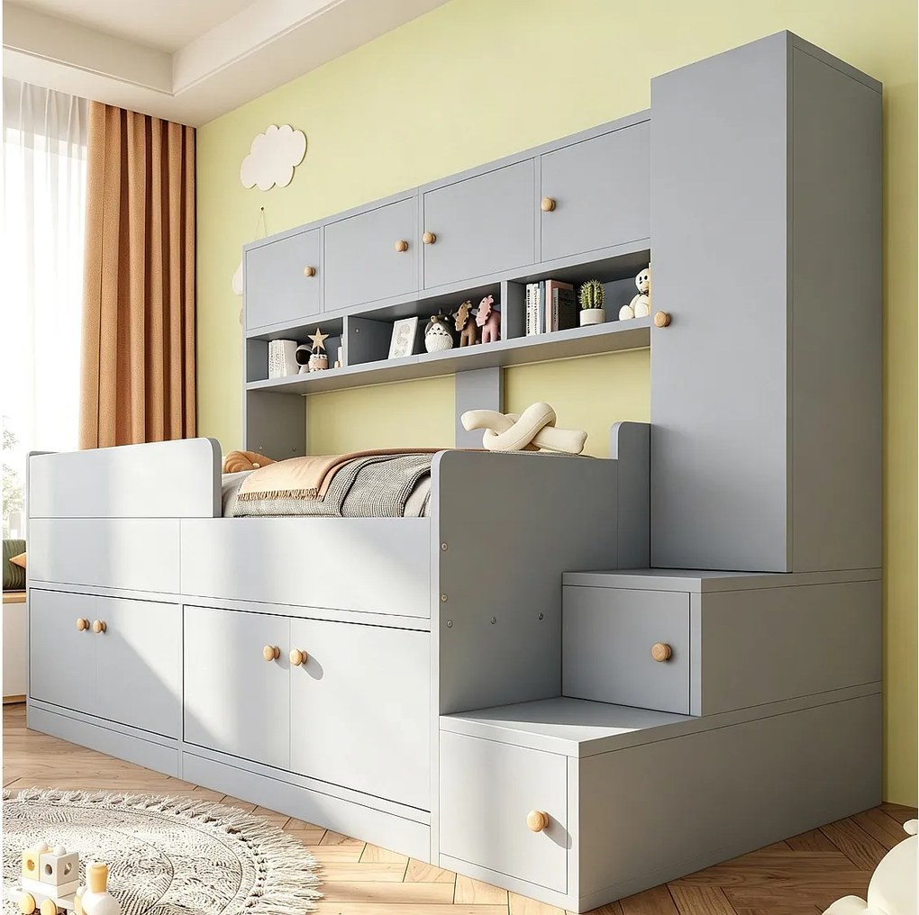 Łóżko dziecięce drewniane 90 x 200 cm - z przestrzenią do przechowywania - z oświetleniem LED - z barierkami bezpieczeństwa - szary (materac nie wliczony)
