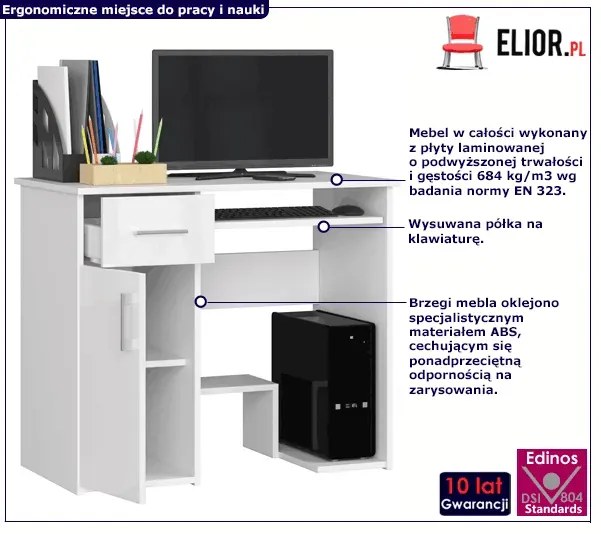 Białe biurko z szufladą pod komputer w połysku E0-E08