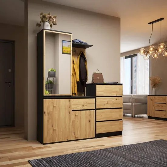 Nowoczesna garderoba do przedpokoju czarny + dąb artisan W9-K22