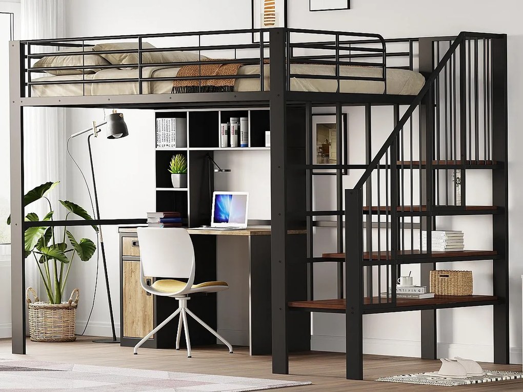 Łóżko mezzanine 140x200cm z metalu - z półkami i drabiną bezpieczeństwa - Czarny (materac nie jest w zestawie)