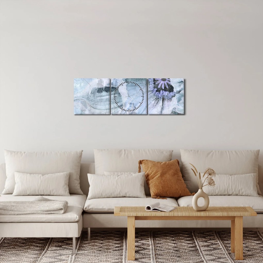 Obraz - Kwiatowy fresk na ceglanej ścianie (z zegarem) (90x30 cm)