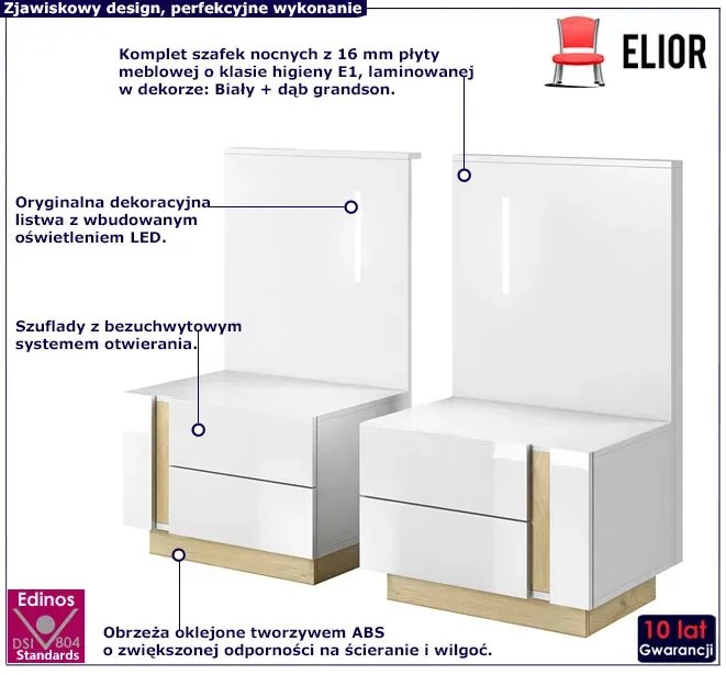 Zestaw 2 szafek nocnych biały + dąb grandson - Medina 14X