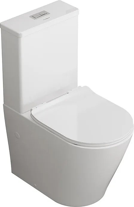 Kompletna Miska WC Stojąca Rimless Przyścienna | Ultracienka Deska Wolnoopadająca | Kolano Odpływowe w Zestawie | Biały Połysk