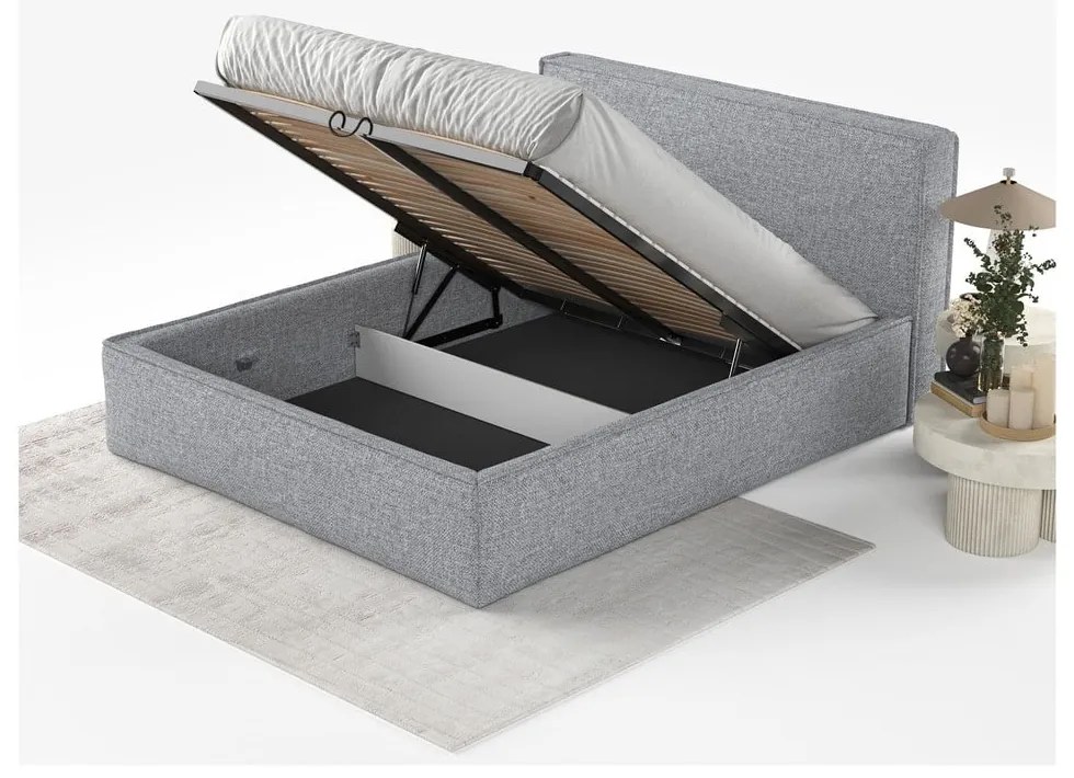 Szare tapicerowane łóżko dwuosobowe ze schowkiem ze stelażem 160x200 cm Lounge L – Maison de Rêve