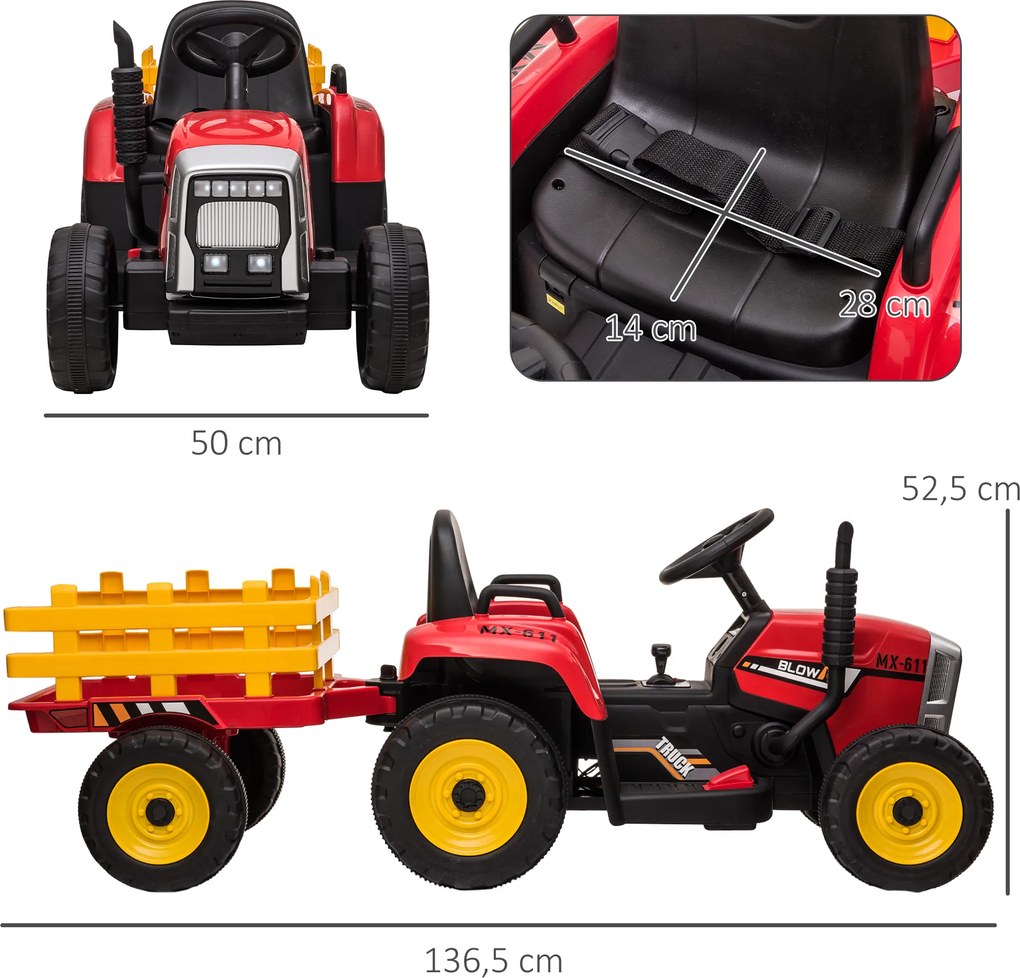 HOMCOM Traktor dla dzieci z przyczepą Czerwony pojazd dla maluchów 1365x50x525 cm Zabawa na świeżym powietrzu | Aosom PL