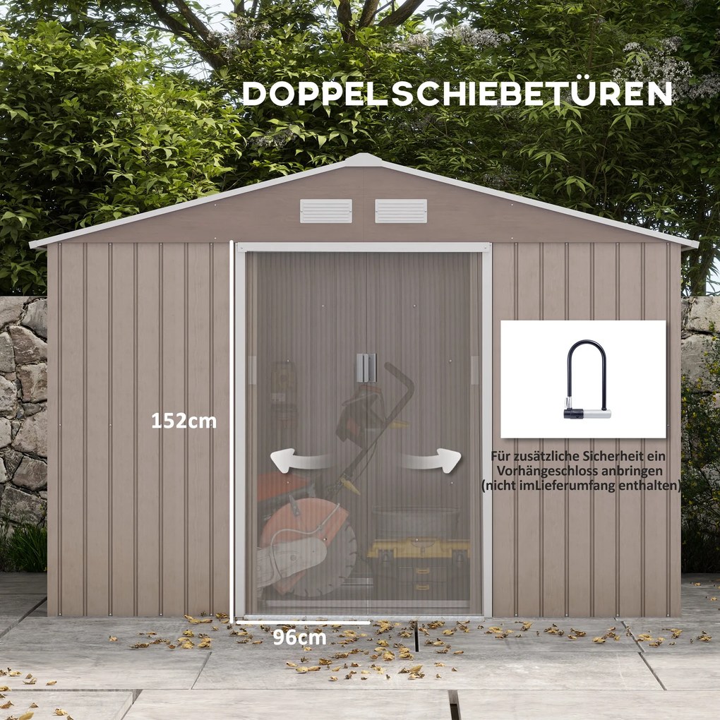 Outsunny Schowek Ogrodowy, 2 Drzwi Przesuwne, 4 Okna, Odporny na Warunki Atmosferyczne, Metalowa Konstrukcja, 2,7 x 1,9 x 1,9 m, Brązowy