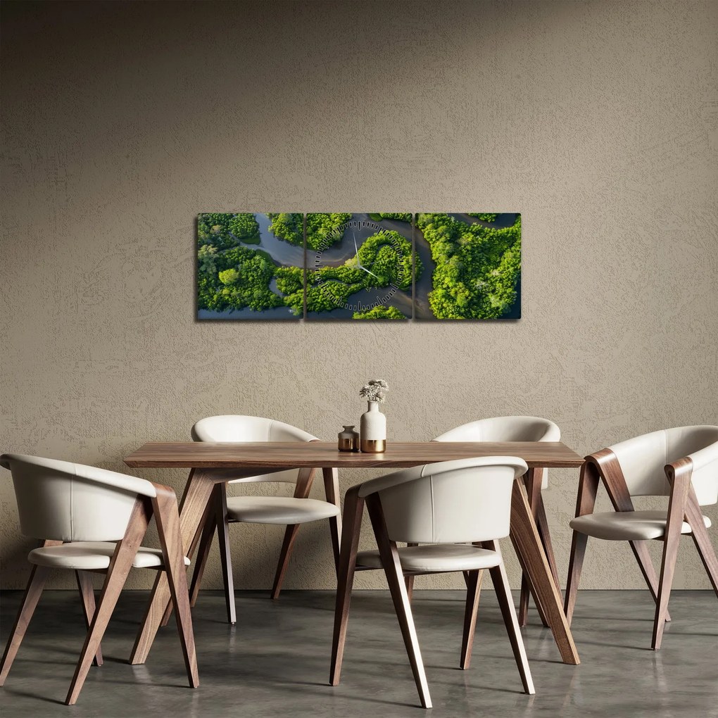 Obraz - Krajobraz leśny z rzeką (z zegarem) (90x30 cm)