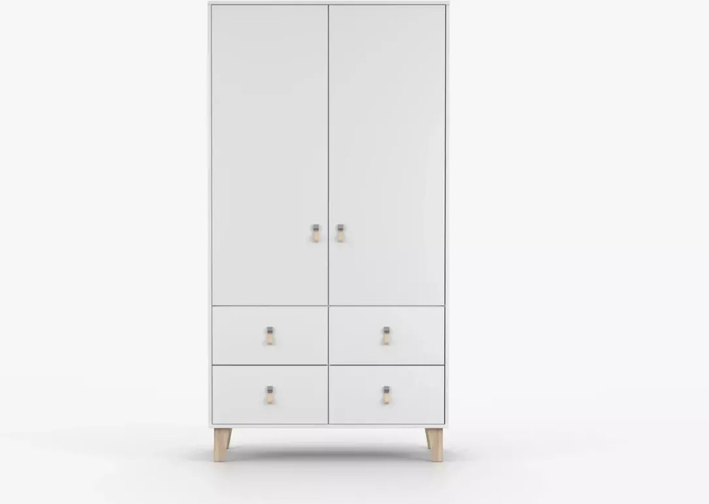 Wousia – biała szafa młodzieżowa 105 cm z 4 szufladami, drążkiem i półkami