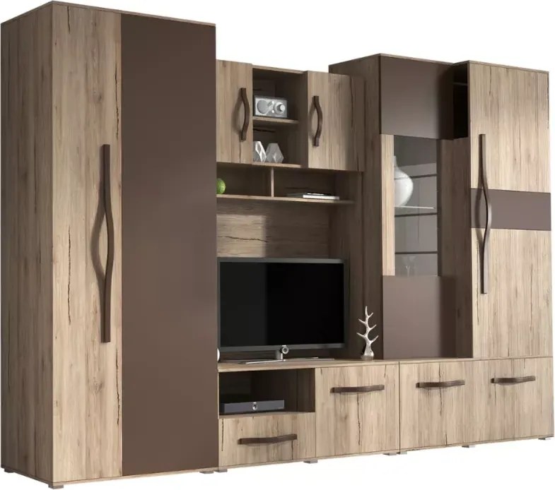 Meblościanka Meloria do salonu – nowoczesny zestaw remo rustic z szafą, RTV i witryną