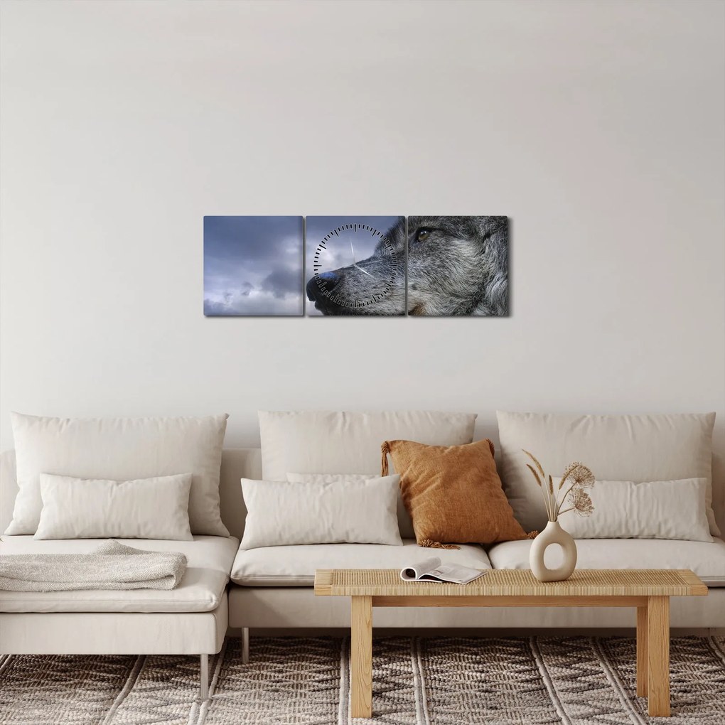 Obraz - Głowa wilka (z zegarem) (90x30 cm)
