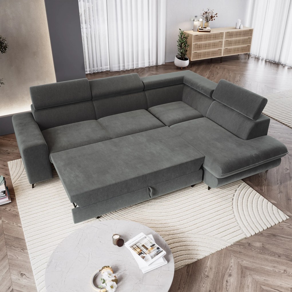 Masseno Narożnik VELISS z funkcją spania i pojemnikiem na pościel Narozniki L, Rozkładana sofa - Szary, CASTEL 93