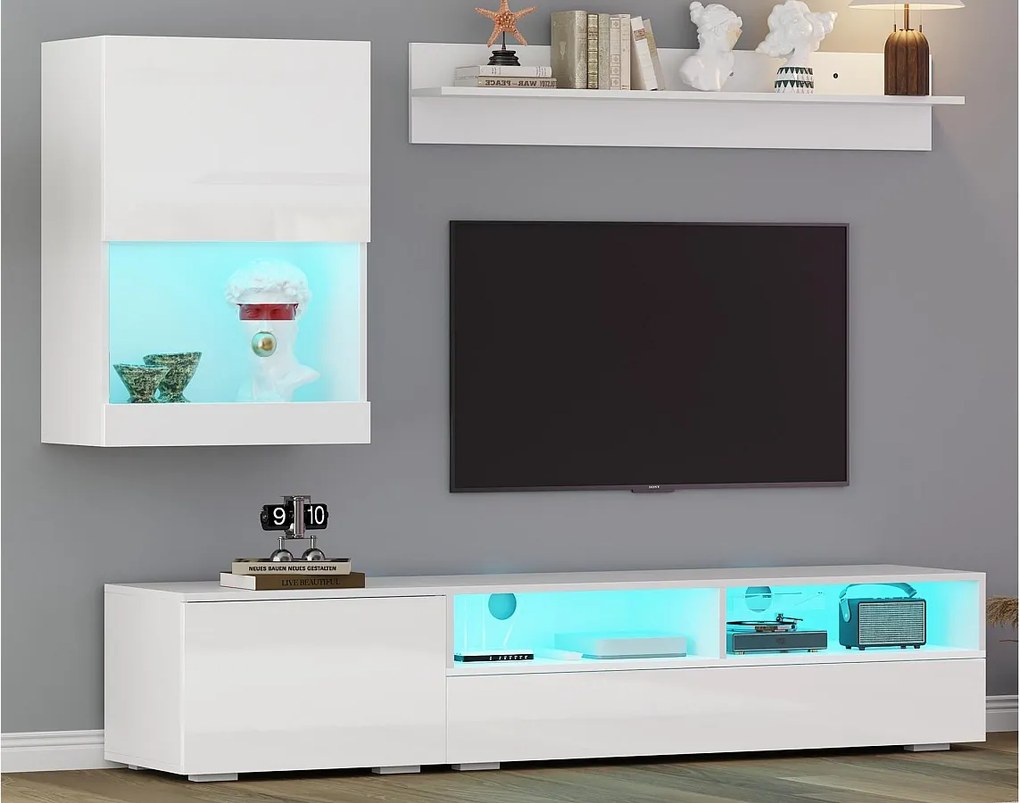 Zestaw mebli pod TV 3-częściowy - szafa pod TV + szafka ścienna + półka ścienna - z oświetleniem LED i wykończeniem wysokiego połysku - biały