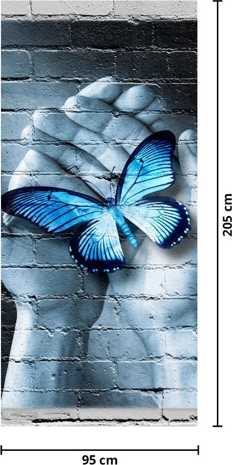 Fototapeta na drzwi - Niebieski motyl na ścianie (95x205cm)