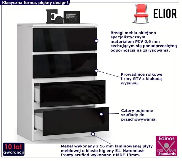 Komoda z szufladami do salonu biała + czarny połysk - Branni 4X