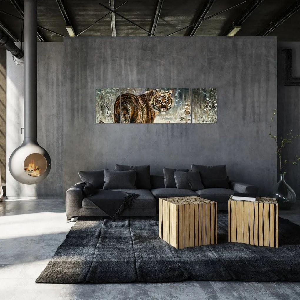 Obraz - Tygrys w zaśnieżonym lesie, obraz olejny (170x50 cm)
