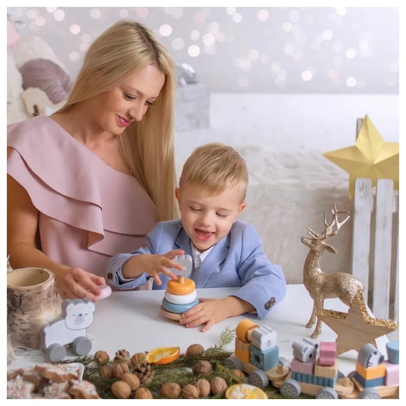 Viga polarb zestaw drewniana piramidka + przebijanka z młoteczkiem miś polarny montessori