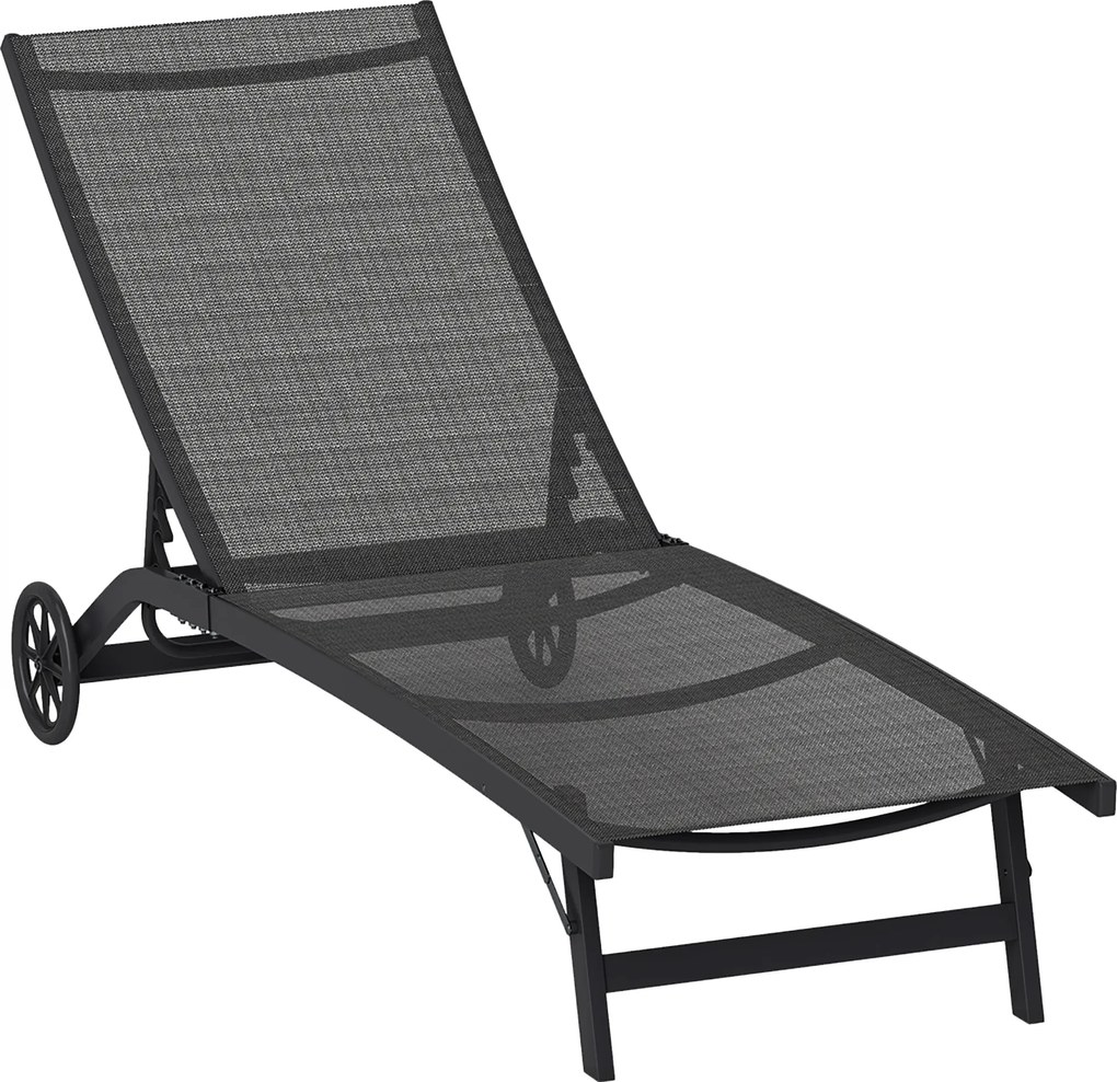 Outsunny Leżanka Ogrodowa z Regulowanym Oparciem w 5 Pozycjach, Oddychający Materiał, Rama Aluminiowa, Czarna, 195 x 66 x 34 cm