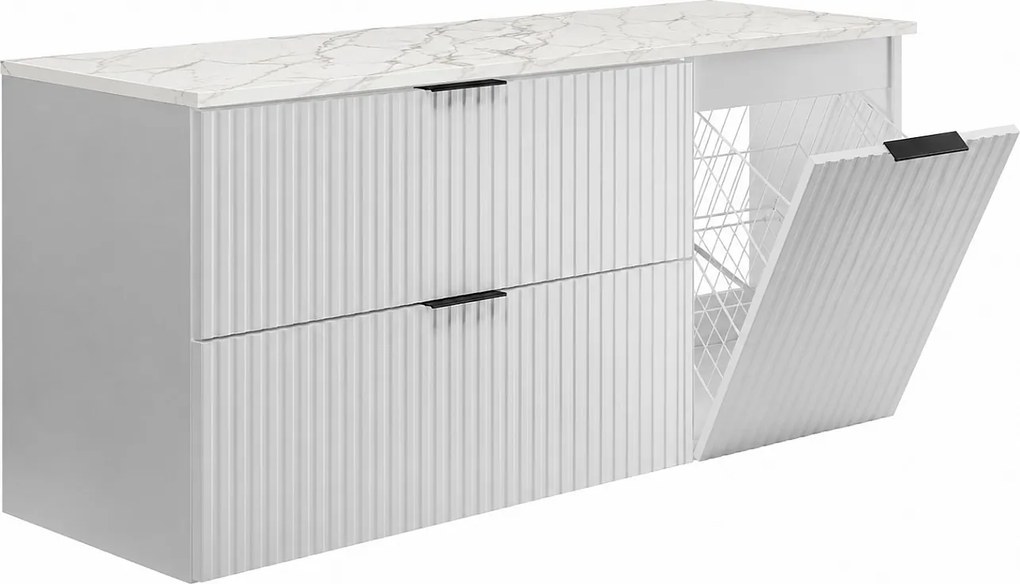 Zestaw mebli łazienkowych z koszem i blatem, czarne uchwyty, biały/marmur Bianco, 120 x 46 x 58,6 cm