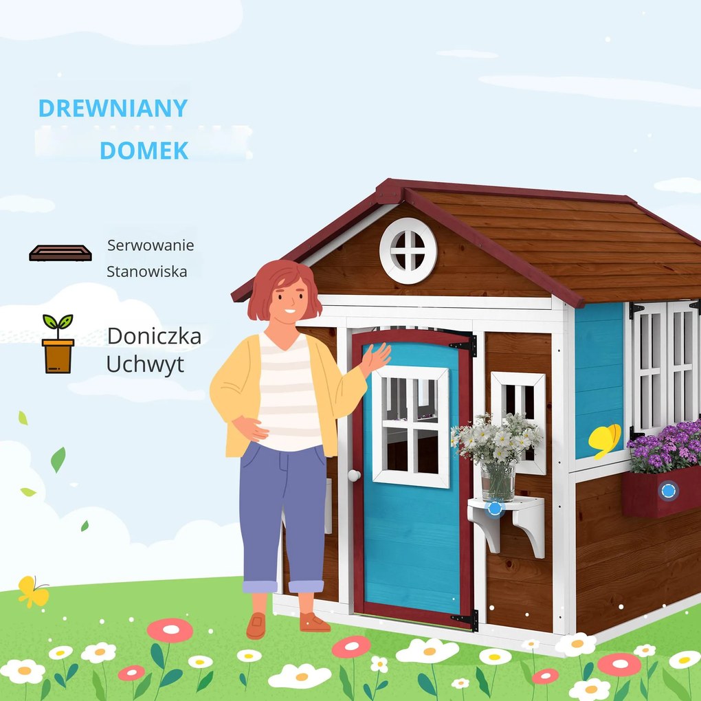 Outsunny Domek zabaw dla dzieci, Drewniany domek ogrodowy z oknami, doniczkami, na zewnątrz, 3-8 lat, Niebieski