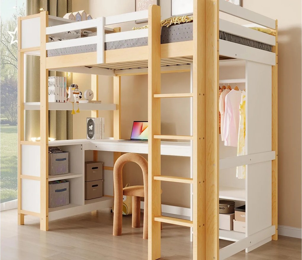 Łóżko na antresoli 90x200cm - z półkami - z przegródkami do przechowywania - z biurkiem + szafą - naturalny​ (materac nie jest wliczony w cenę)