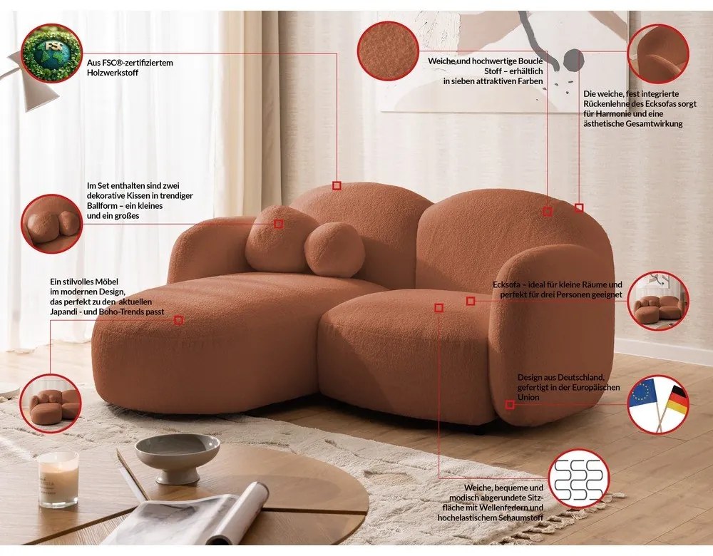 Narożnik z materiału bouclé (lewostronny/z szezlongiem) w kolorze terakoty Orbit – Ropez