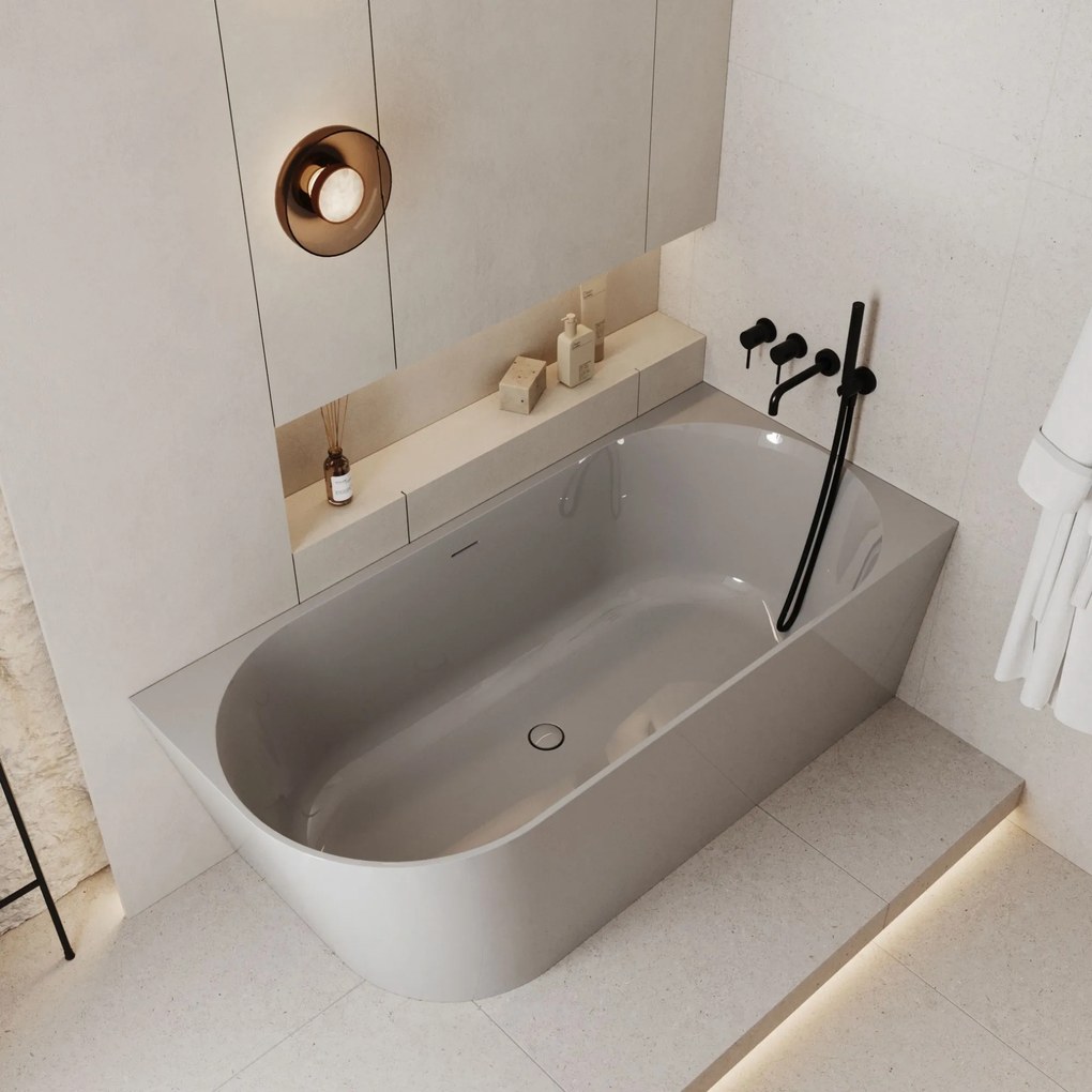 Wanna wolnostojąca narożna WALL White Matt / Glow prawa z konglomeratu biała błyszcząca/matowa 160 x 75 cm z przelewem typu SLIM : Kolor wanny - Szary połysk