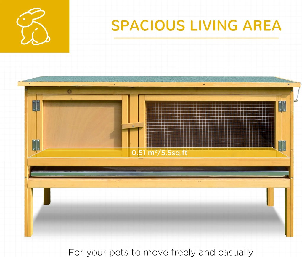 PawHut Domek dla królików z drewna z otwieranym dachem, 2 drzwiami, wysuwaną podstawą, 115x44,3x65 cm Jasnożółty | Aosom PL