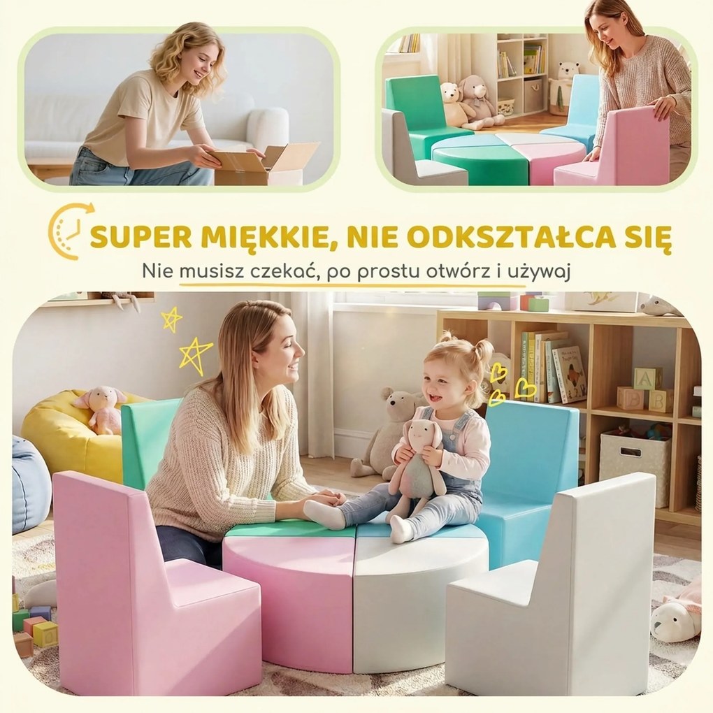 AIYAPLAY 8-częściowy zestaw klocków z pianki dla dzieci z funkcją stolika i siedzisk, miękkie klocki z materiału PU, wielokolorowe | Aosom PL
