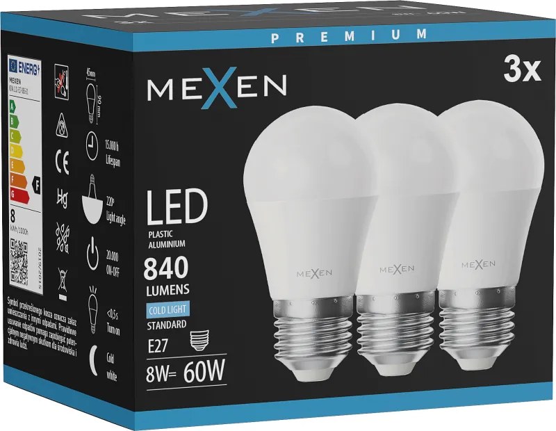 Mexen Nova 3x żarówka LED E27, G45, 8W, Zimna - 6500K, 840 lm - L101-E27-0865-01x03