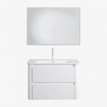 Zestaw Wiszących Mebli Łazienkowych 80x50 Cm Z Drewna Zintegrowany Z Umywalką Egerton Biała & Prostokątna Lampa Led - Sklum