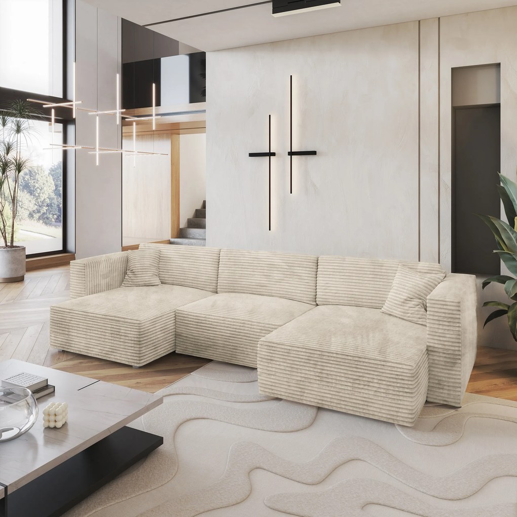 Masseno Narożnik SARMO z funkcją spania i pojemnikiem na pościel Narozniki U, Rozkładana sofa - Kremowy, TILIA 03