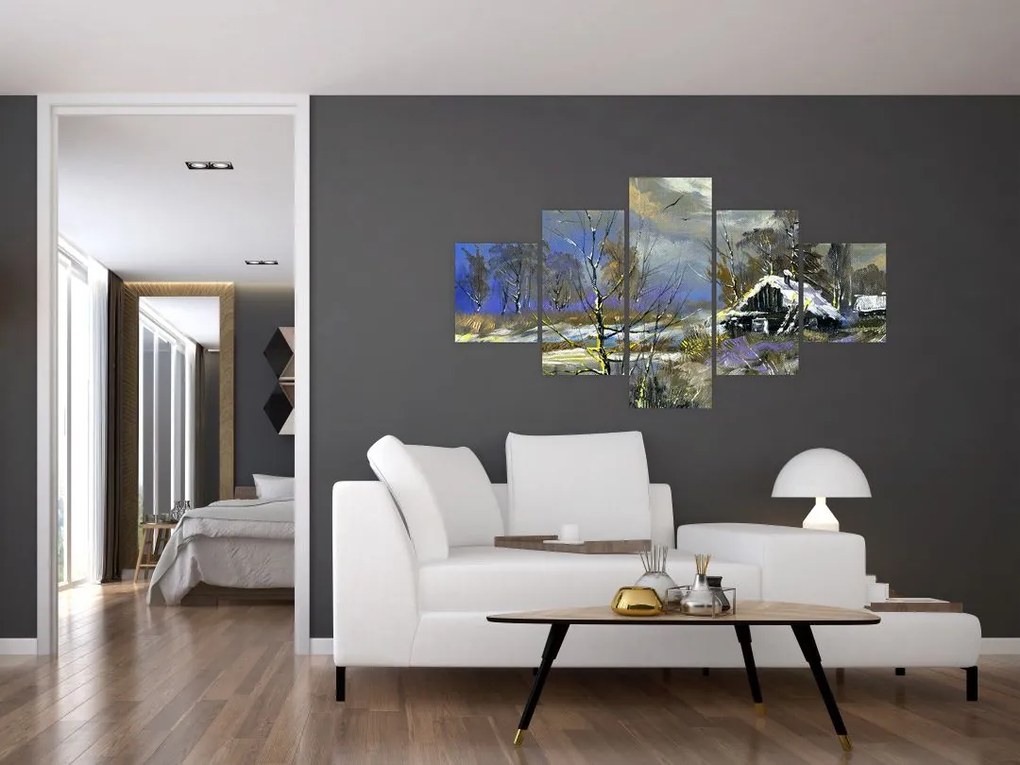 Obraz chaty w zimowym krajobrazie, obraz olejny (125x70 cm)