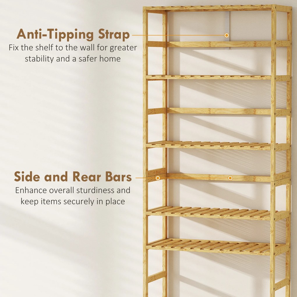 HOMCOM 6-poziomowy regał z drewna bambusowego, regulowane półki, wolnostojący regał do przechowywania, drewno naturalne
