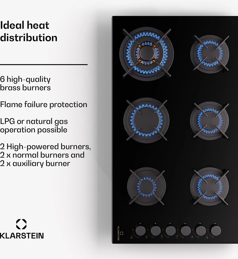 Klarstein Goldflame 90cm Płyta gazowa 6 palników Czarny