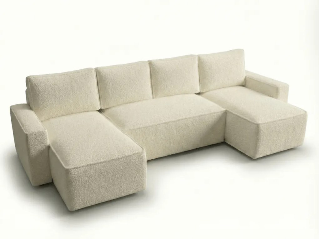 Rozkładana sofa narożna w kształcie U SMART BOUCLE 303x140 cm, kremowa