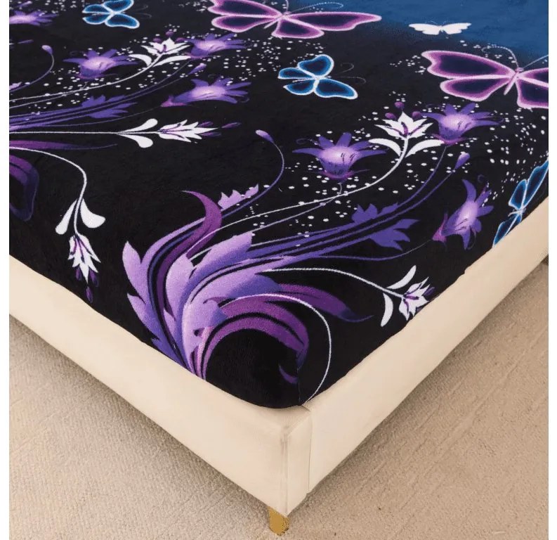 PrzytulneMieszkanie.pl Prześcieradło z mikropluszu VIOLET BUTTERFLY 200x200 cm ciemnoniebieskie