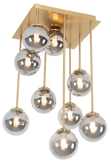 Plafon art deco złoty 9-źródeł światła z przydymionym szkłem - Athens