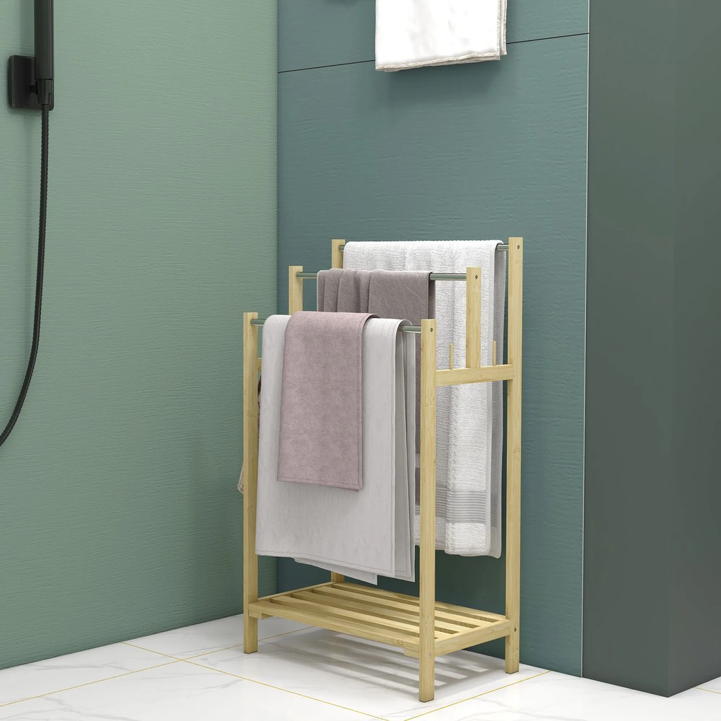 HOMCOM Stojak na ręczniki, wolnostojący, 3 pręty, bambus/stal, 50,5x31x90cm